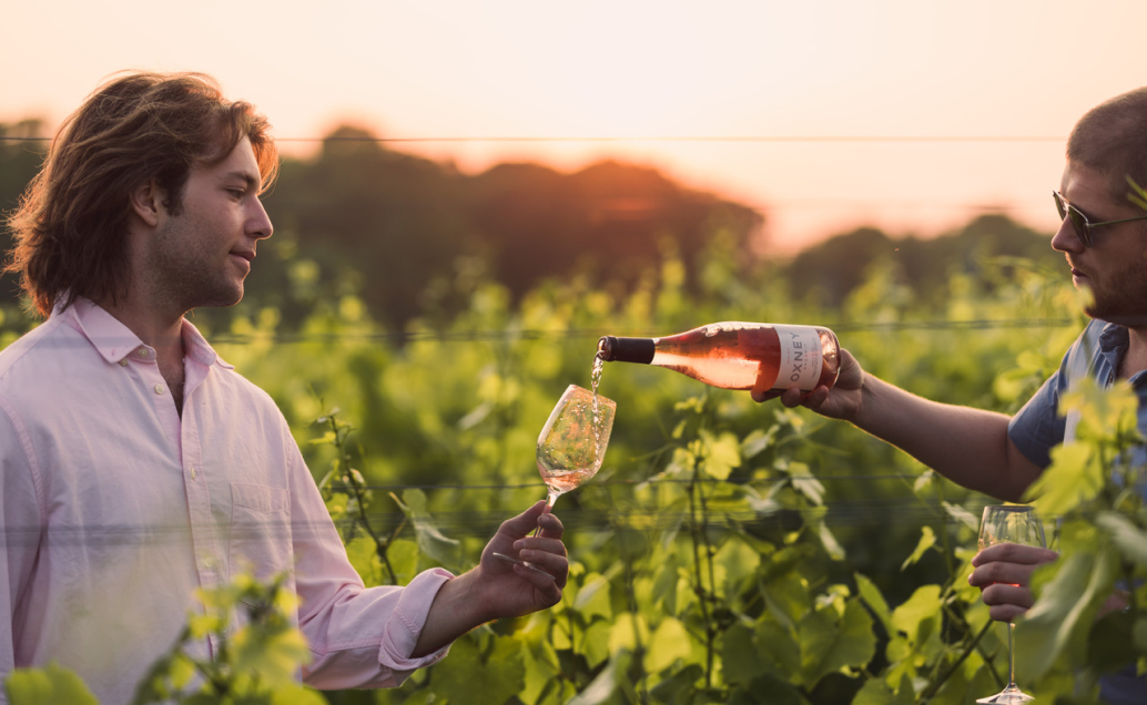 Two people pouring rosé wine into a glass at sunset among the vines at Oxney Organic Estate