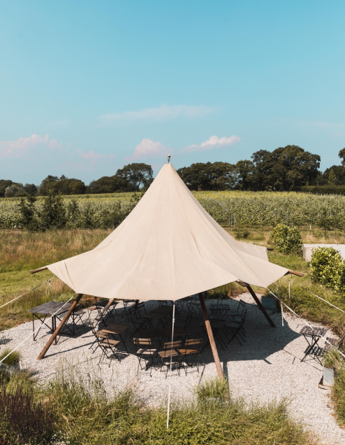 An outdoor seating area covered by a canvas canopy at Oxney Organic Estate