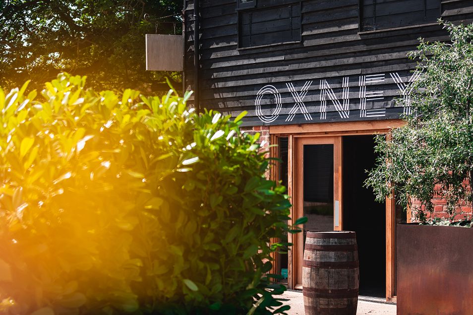 Entrance to the tasting room at Oxney Organic Estate surrounded by shrubbery and planters